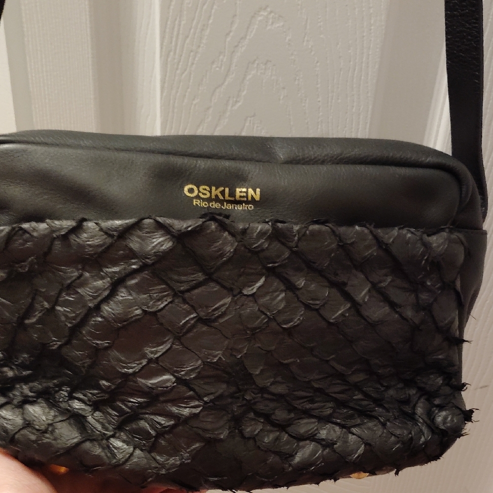 Black Pirarucu Leather Crossbody Bag
